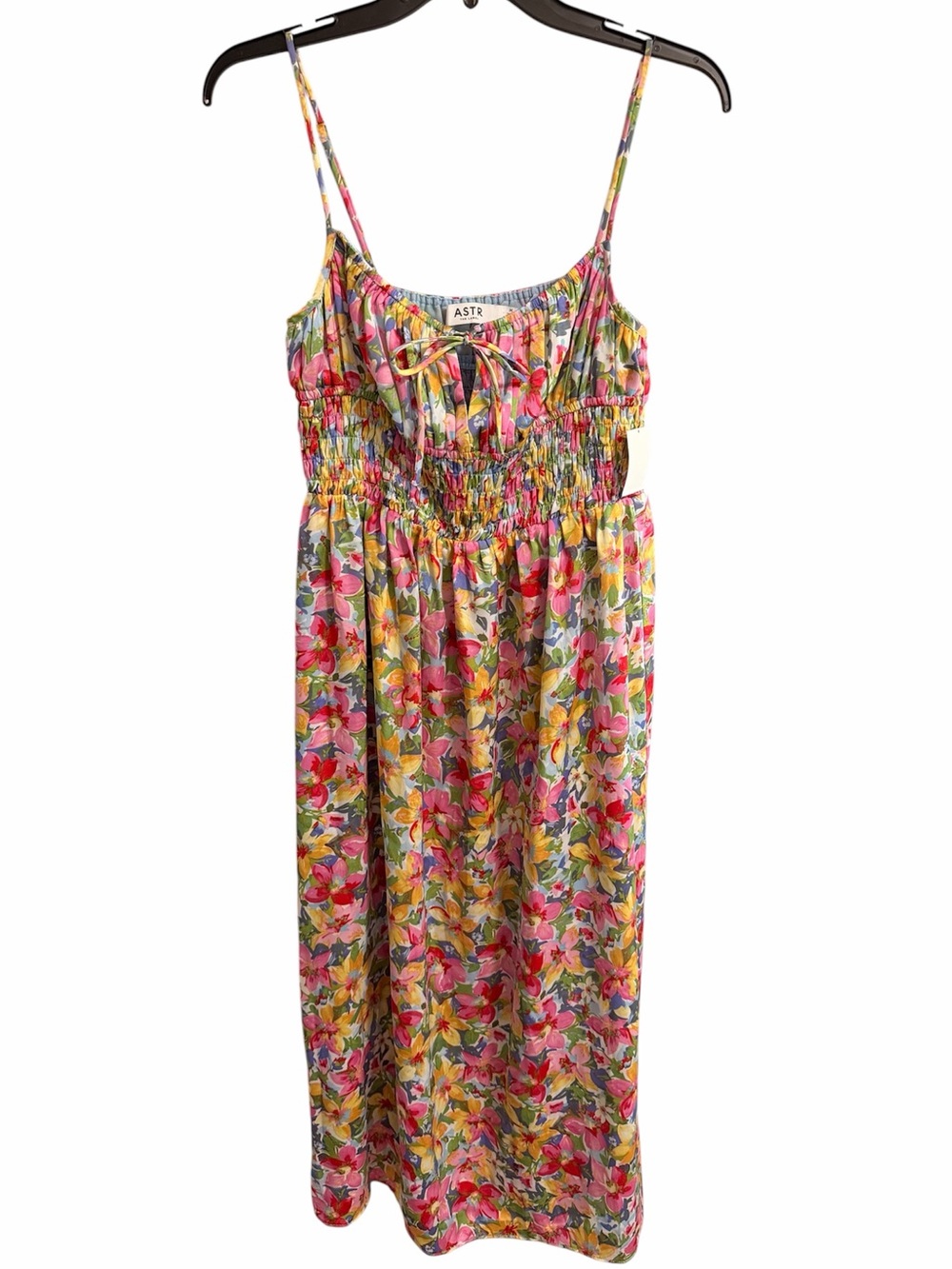 Astr Floral Milkmaid Smocked Waist Silk Midi Dress - Pink, Yellow, Green NWT M